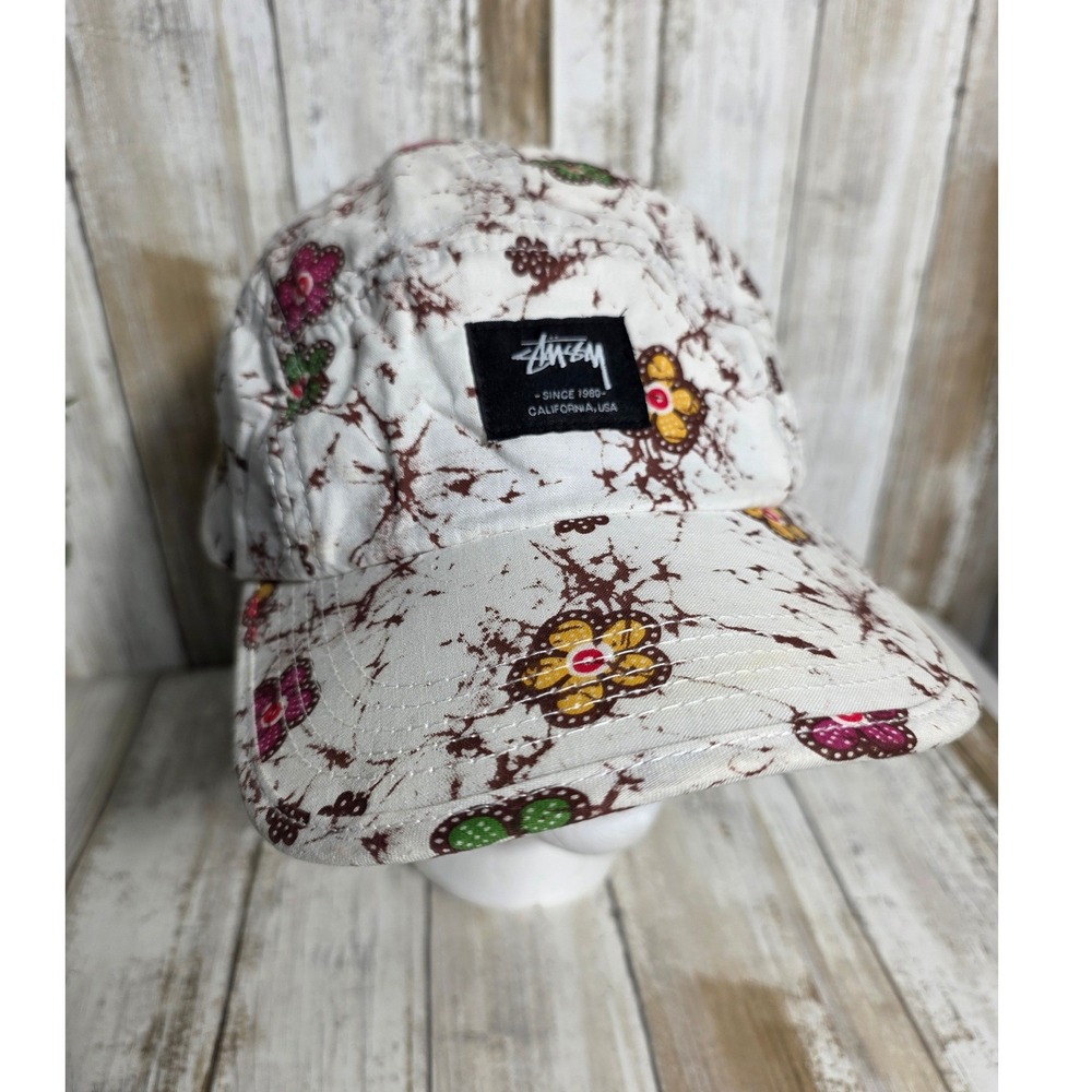 Stussy Capz 5 Panel Hat Batik Floral Print Cream Adjustable Camper Strapback - Picture 4 of 6